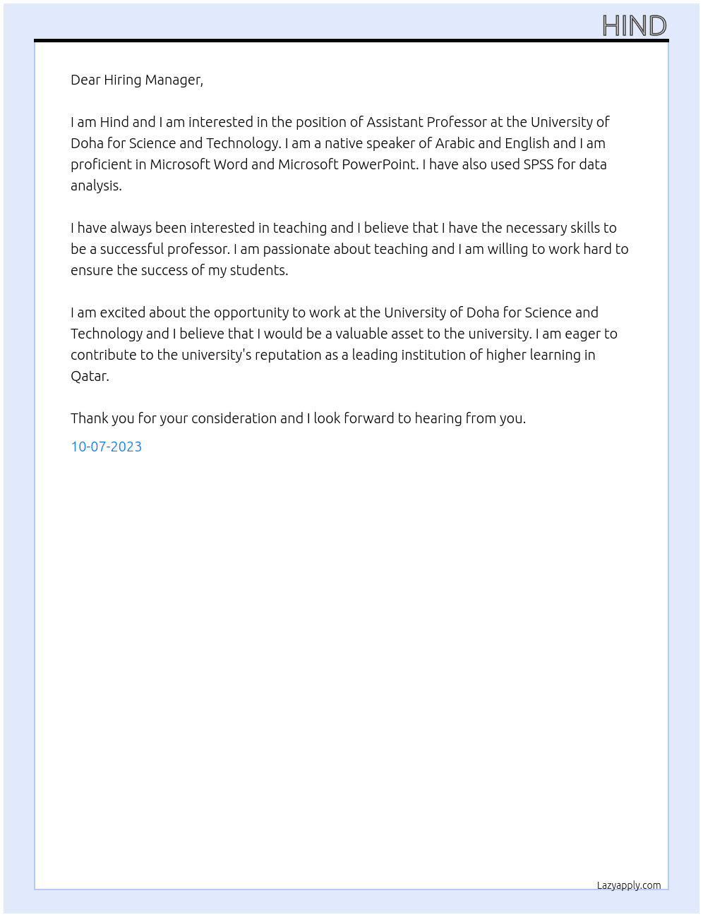 Assistant Professor At University of Doha for Science and Technology Cover Letter