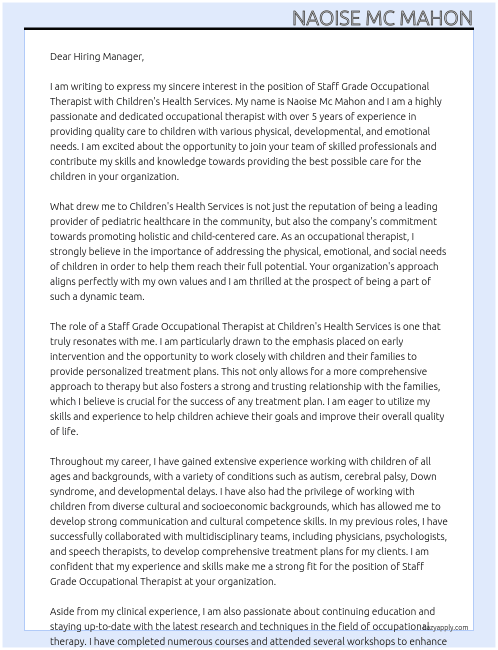 staff grade occupational therapist At Children's Health Services Cover Letter
