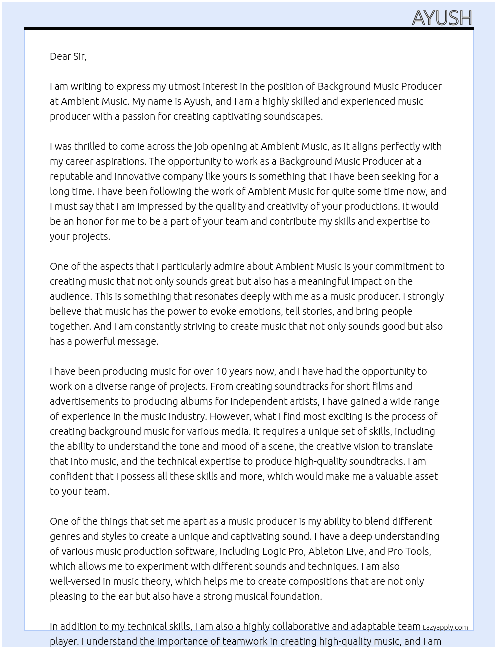 Background music producer At Ambient music Cover Letter