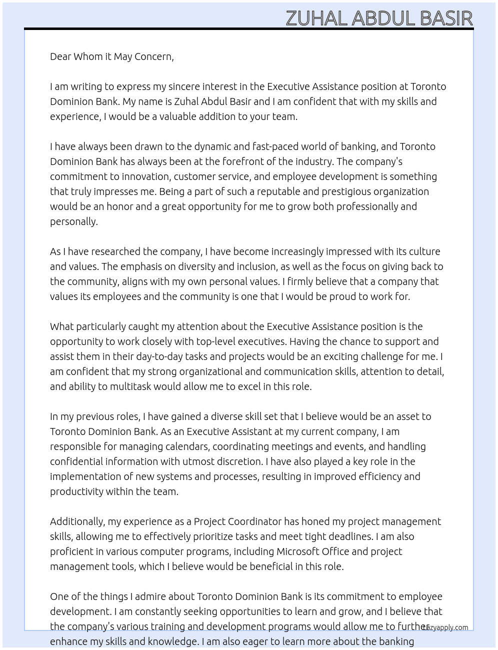Executive Assistance  At Toronto Dominion Bank Cover Letter