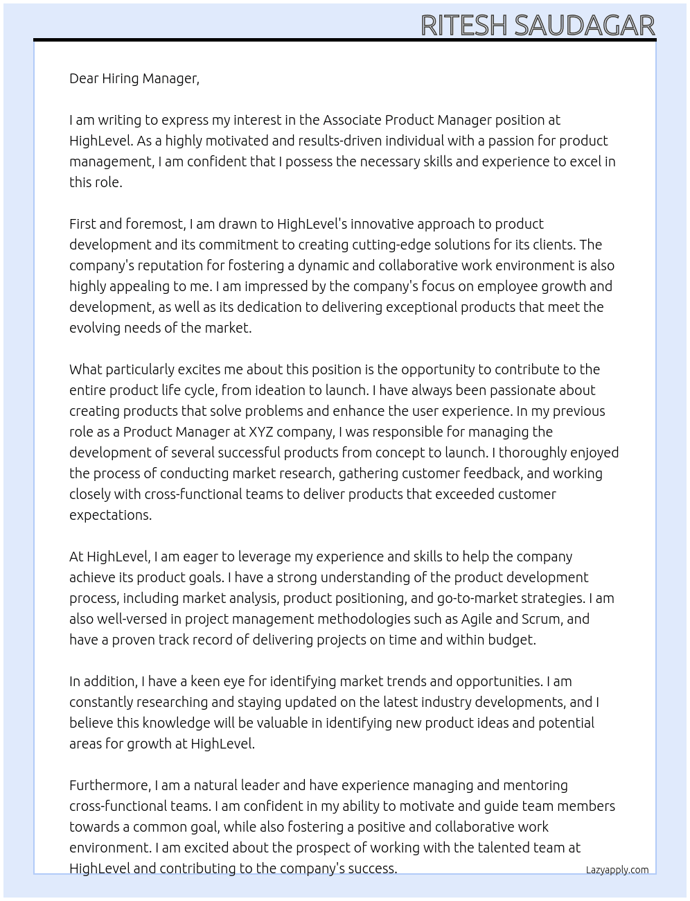 Associate Product Manager At HighLevel Cover Letter