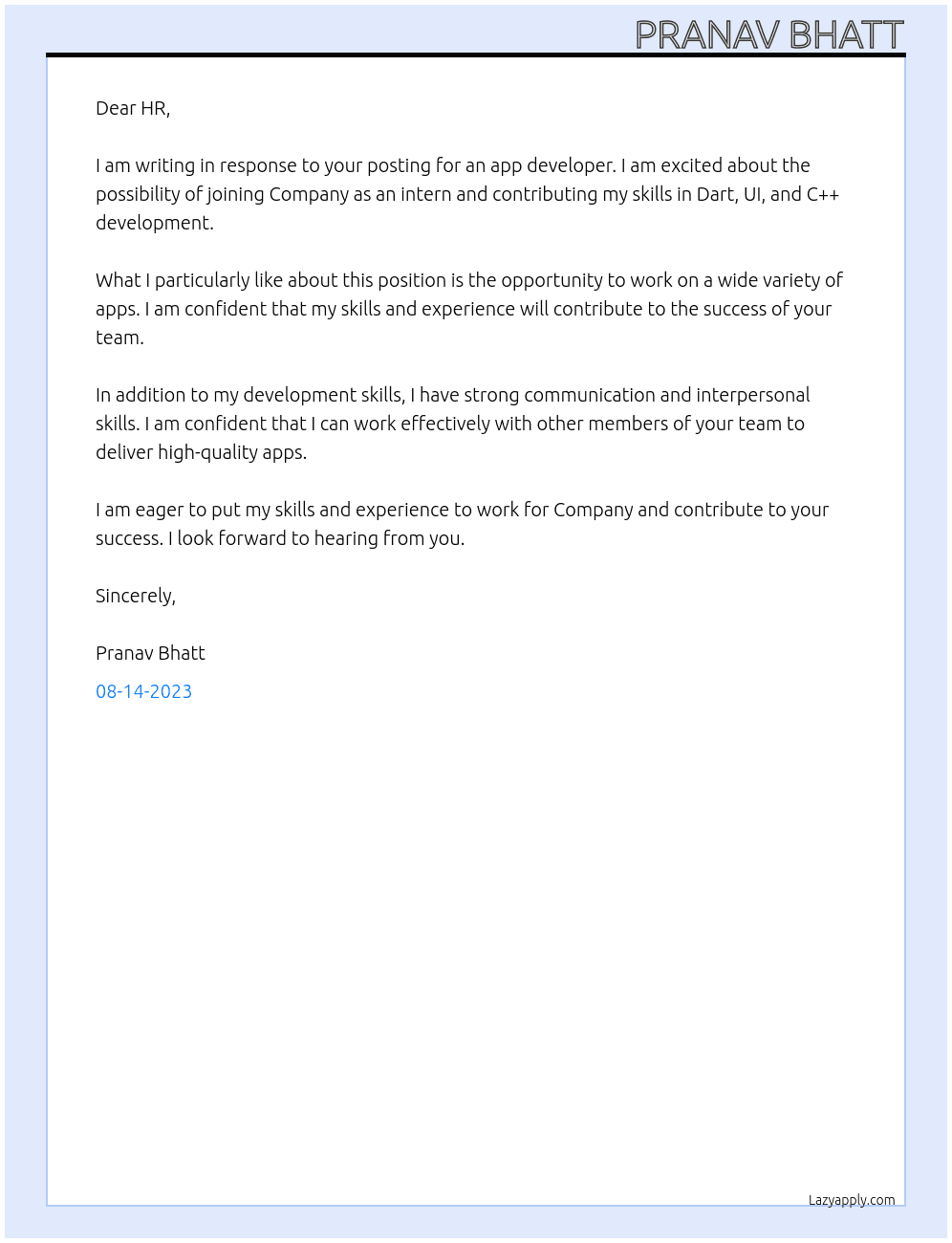 App developer At Company Cover Letter