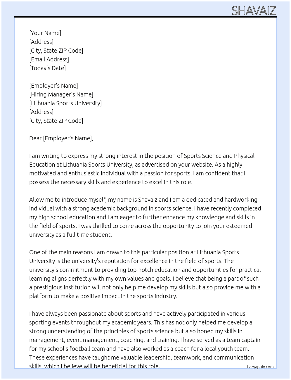 Sports science and physical  At Lithuania sports university  Cover Letter