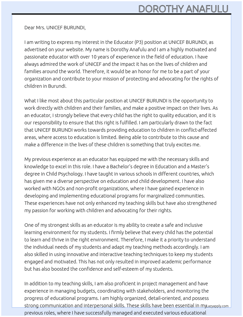 Educator(p3) At UNICEF  BURUNDI Cover Letter