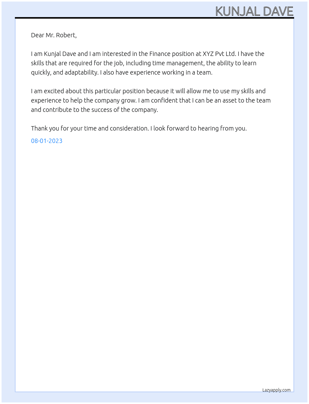 Finance  At XYZ pvt Ltd  Cover Letter