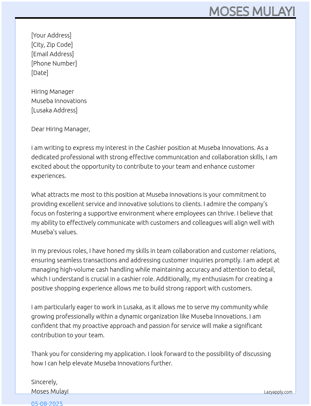 Cashier  At Museba Innovations Cover Letter