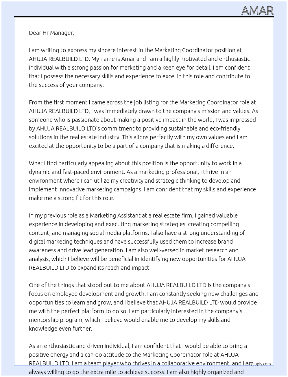 Marketing Coordinator At AHUJA REALBUILD LTD. Cover Letter