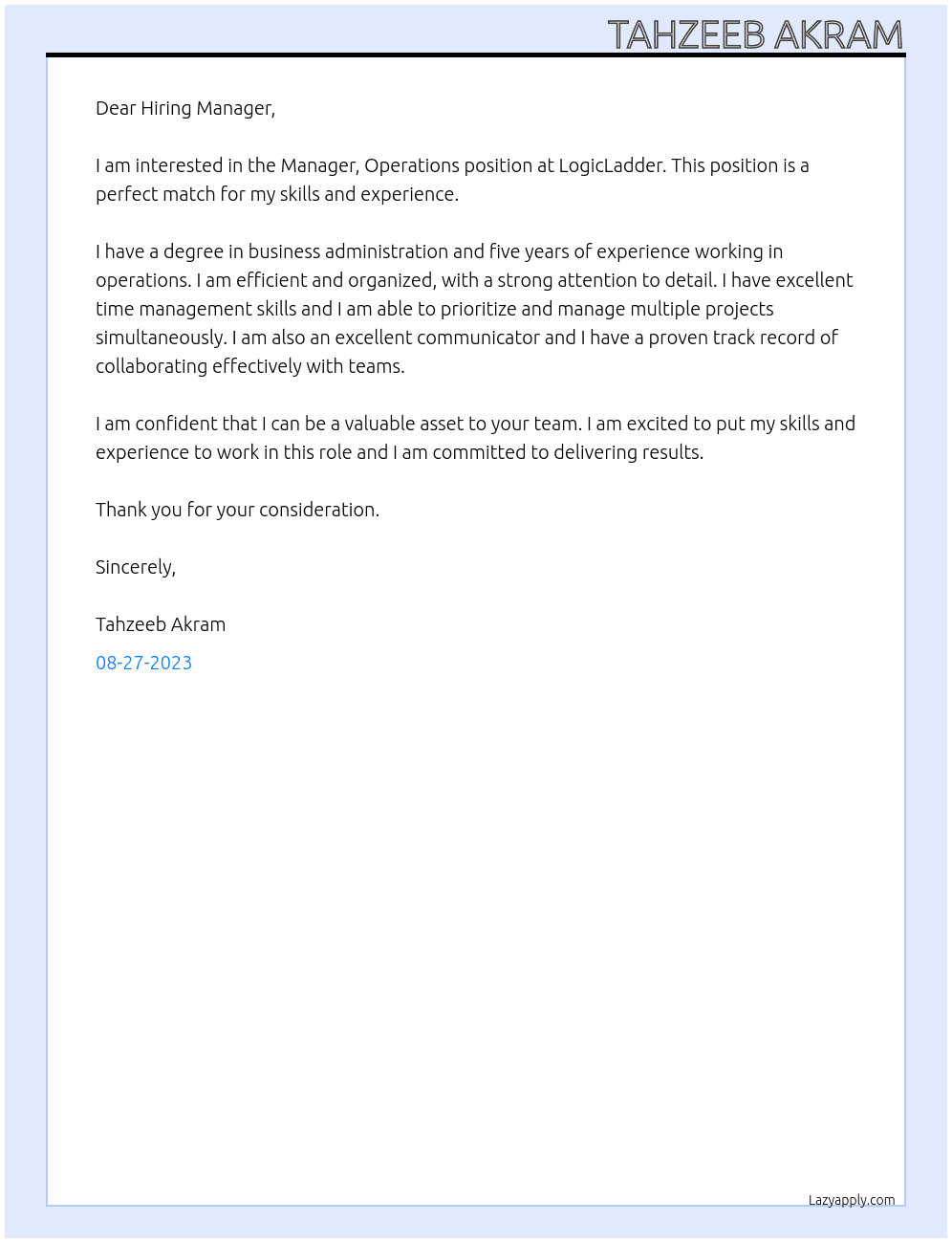 Manager, Operations At LogicLadder Cover Letter