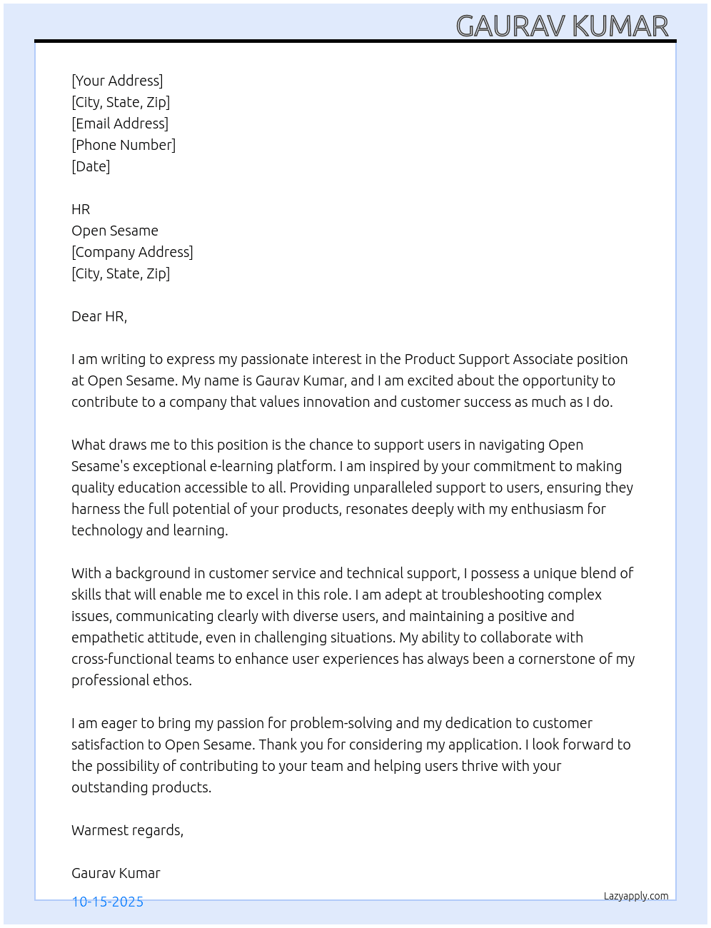 Cover letter for product support associate - LazyApply