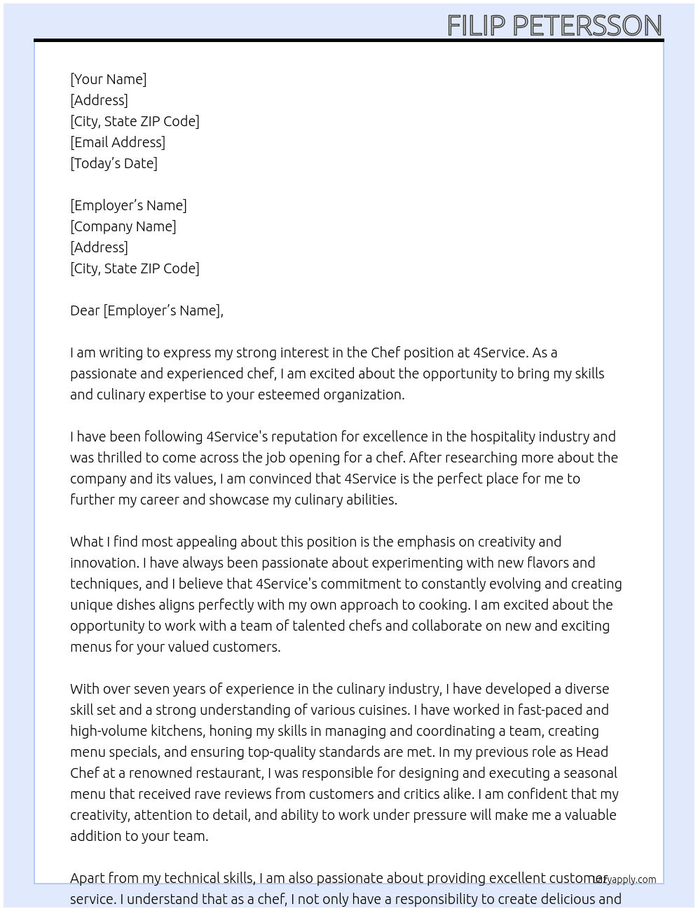 Chef At 4Service Cover Letter