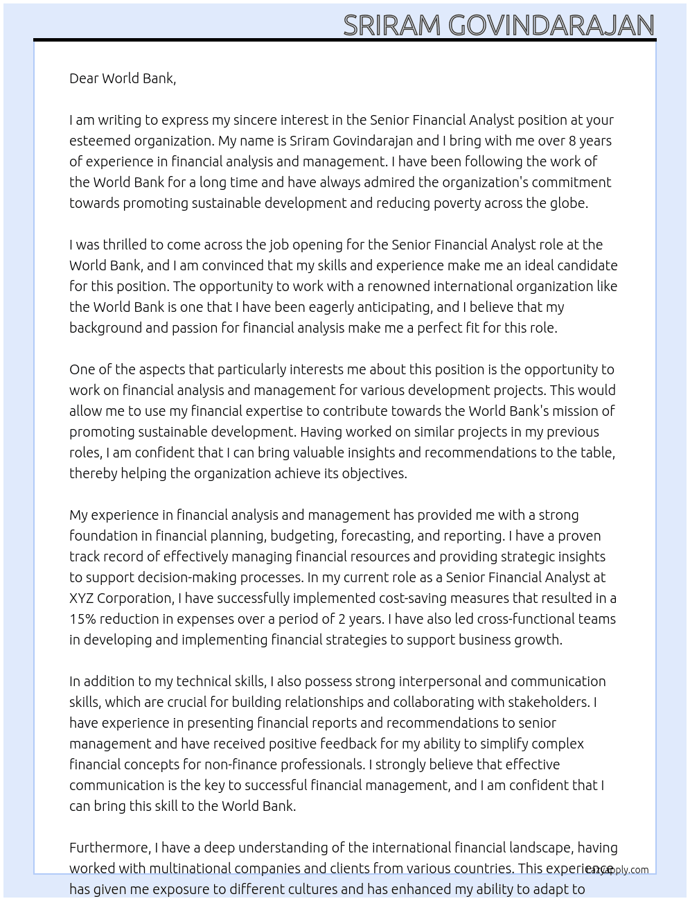 Senior Financial Analyst At World Bank Cover Letter