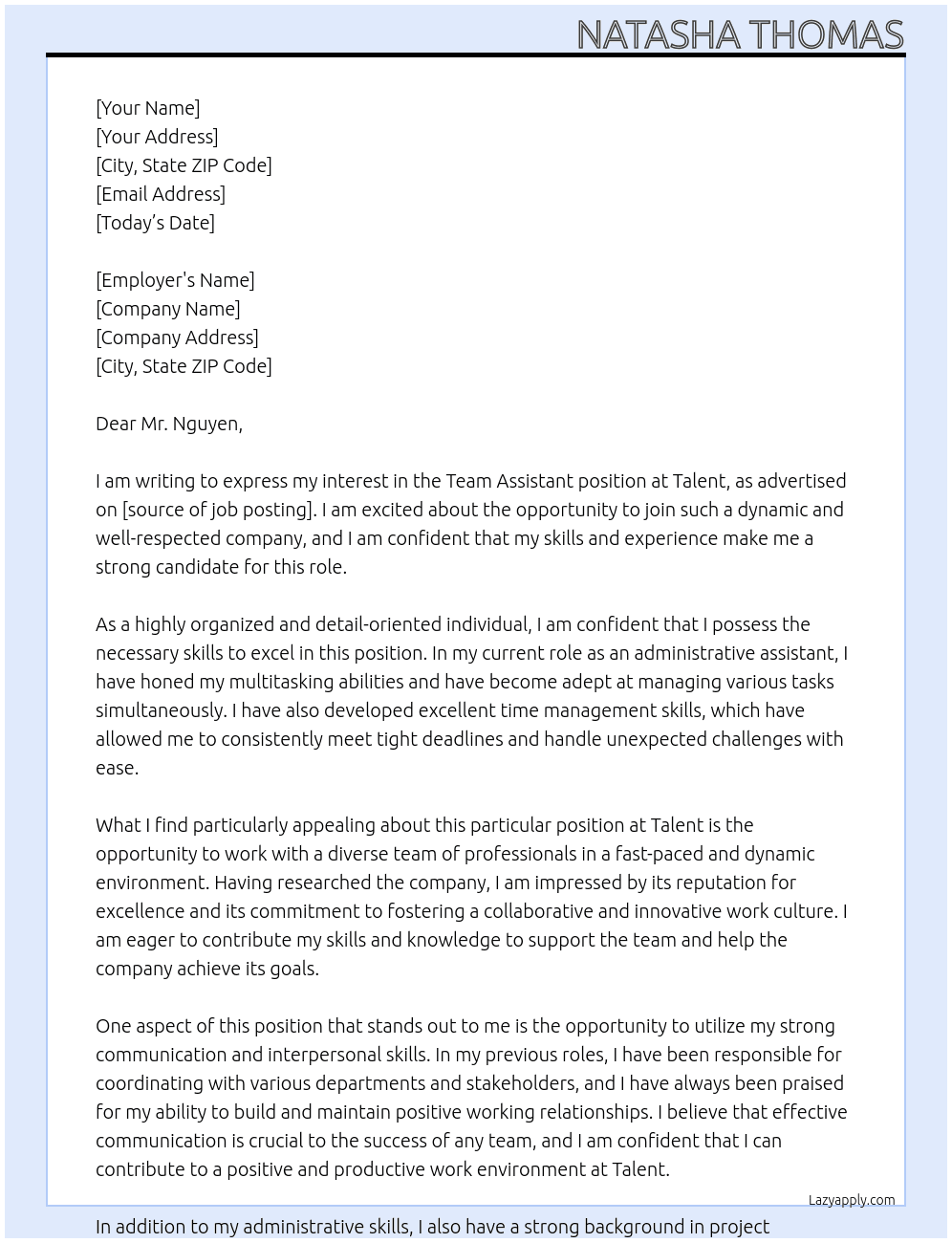 Team Assistant At Talent Cover Letter