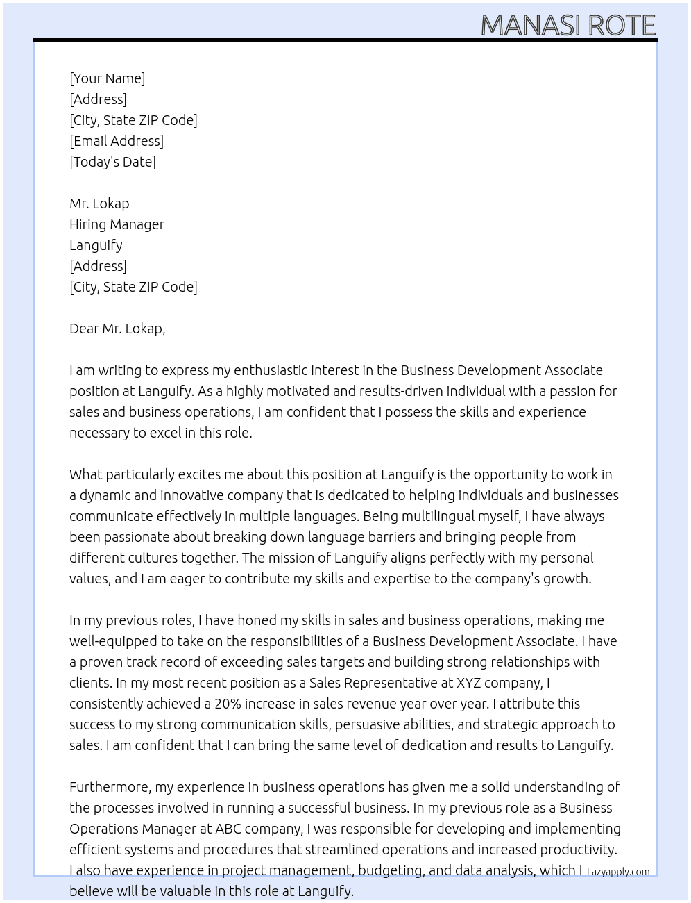 Business Development Associate At Languify Cover Letter