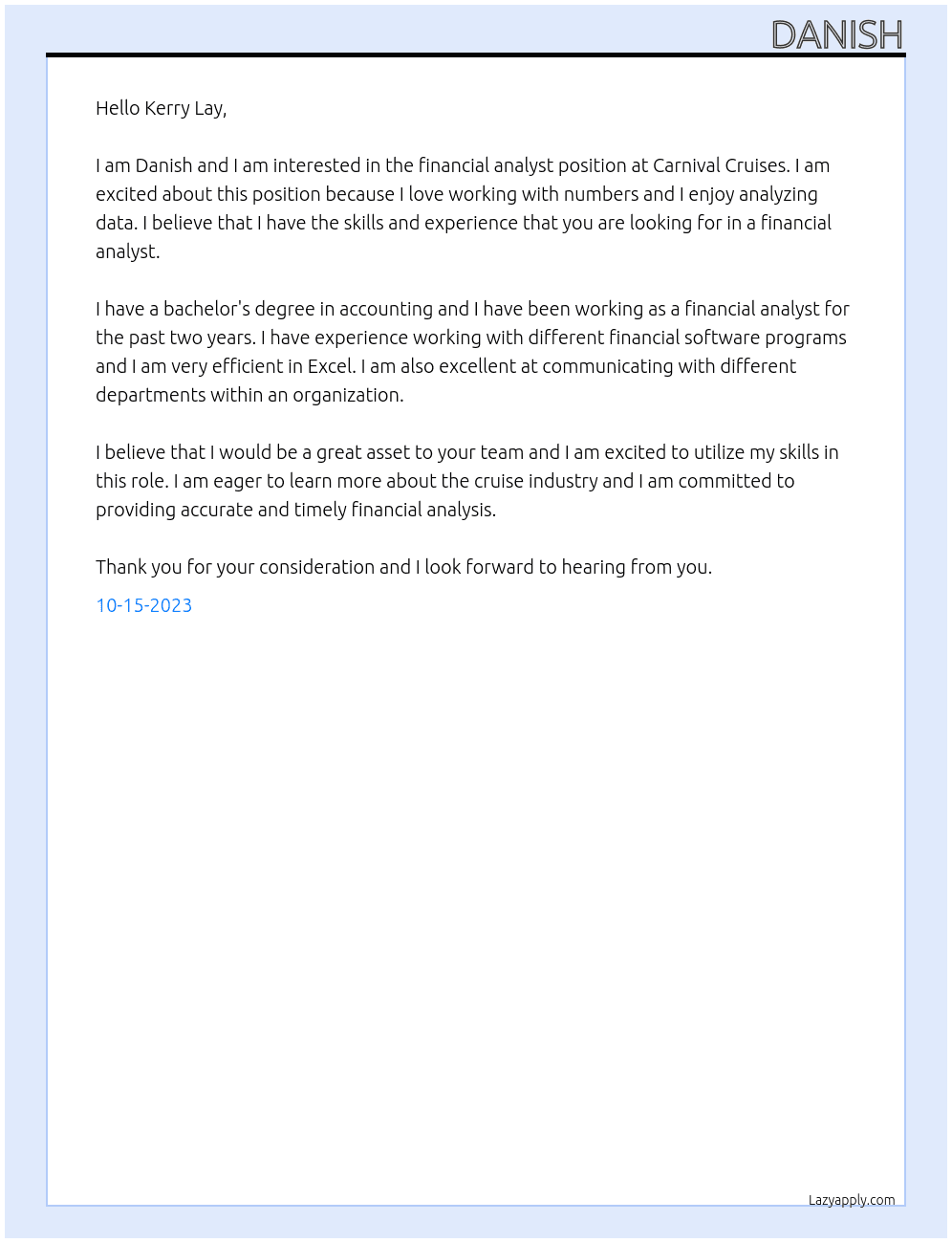 Financial Analyst At Carnival Cruises Cover Letter