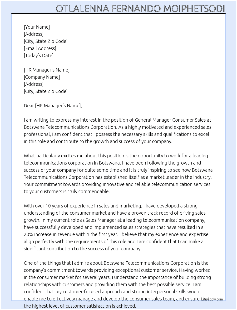 General Manager Consumer Sales At Botswana Telecommunications Corporation Cover Letter