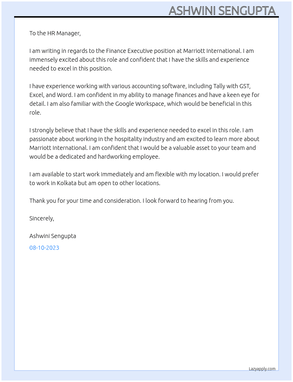 Finance Executive  At Marriott International  Cover Letter