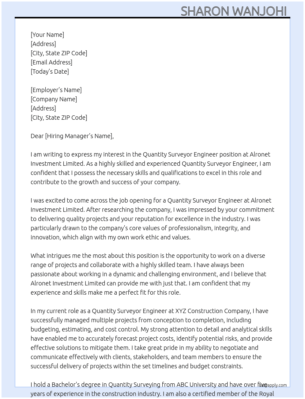 Quantity Surveyor Engineer At Alronet Investment Limited Cover Letter