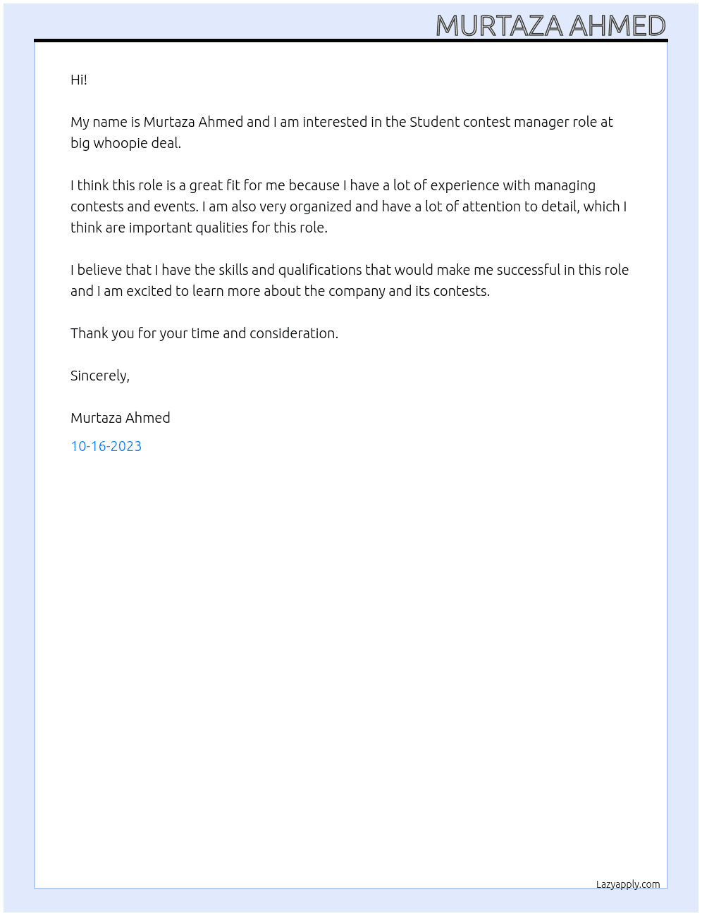Student At big whoopie deal Cover Letter