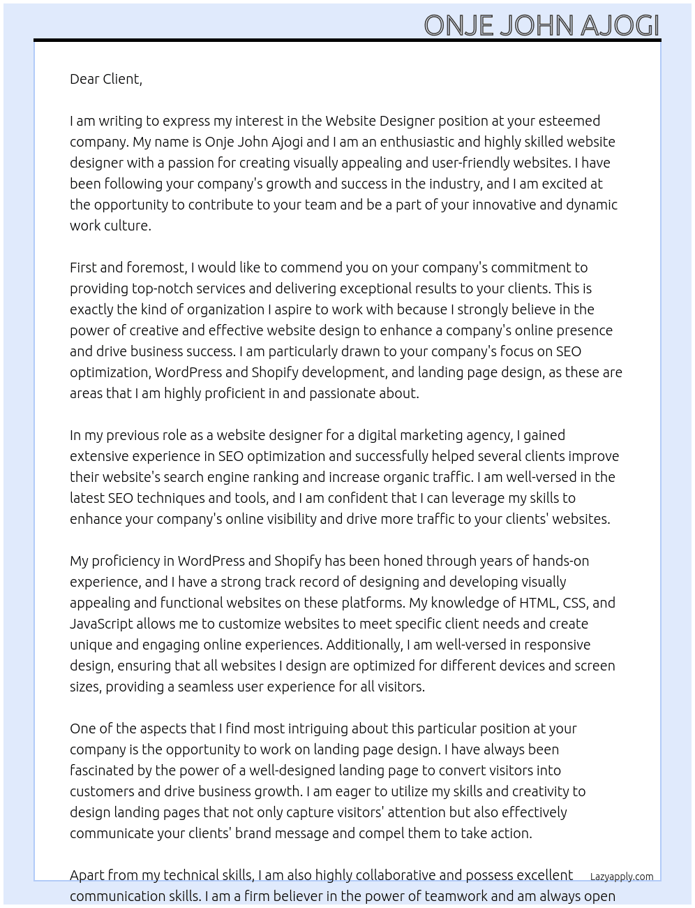 Website Designer At Clinet Cover Letter