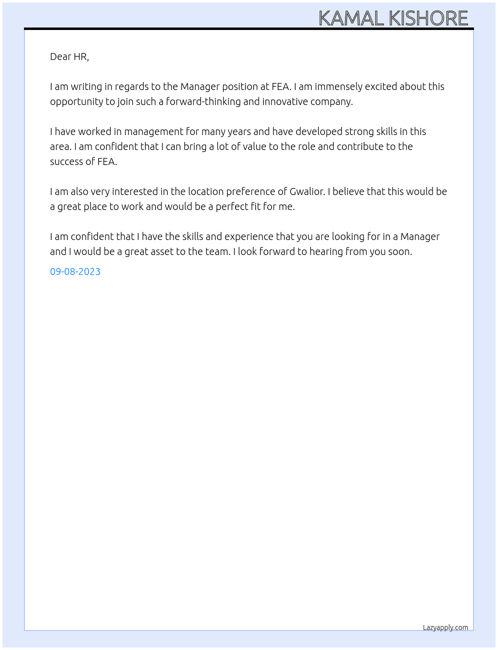 Manager  At FEA Cover Letter