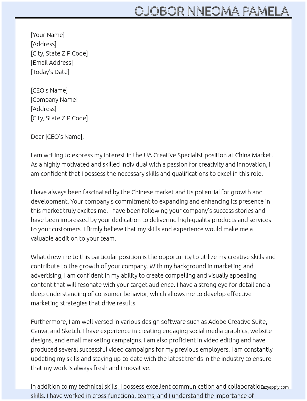 UA creative Specialist  At China market Cover Letter