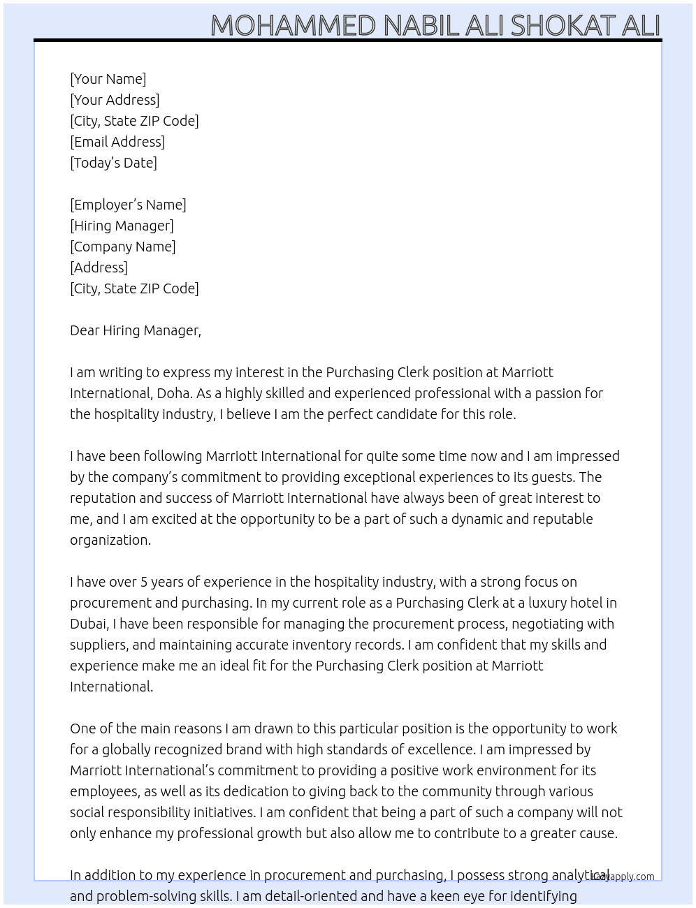 Purchasing Clerk At Marriott International, Doha Cover Letter