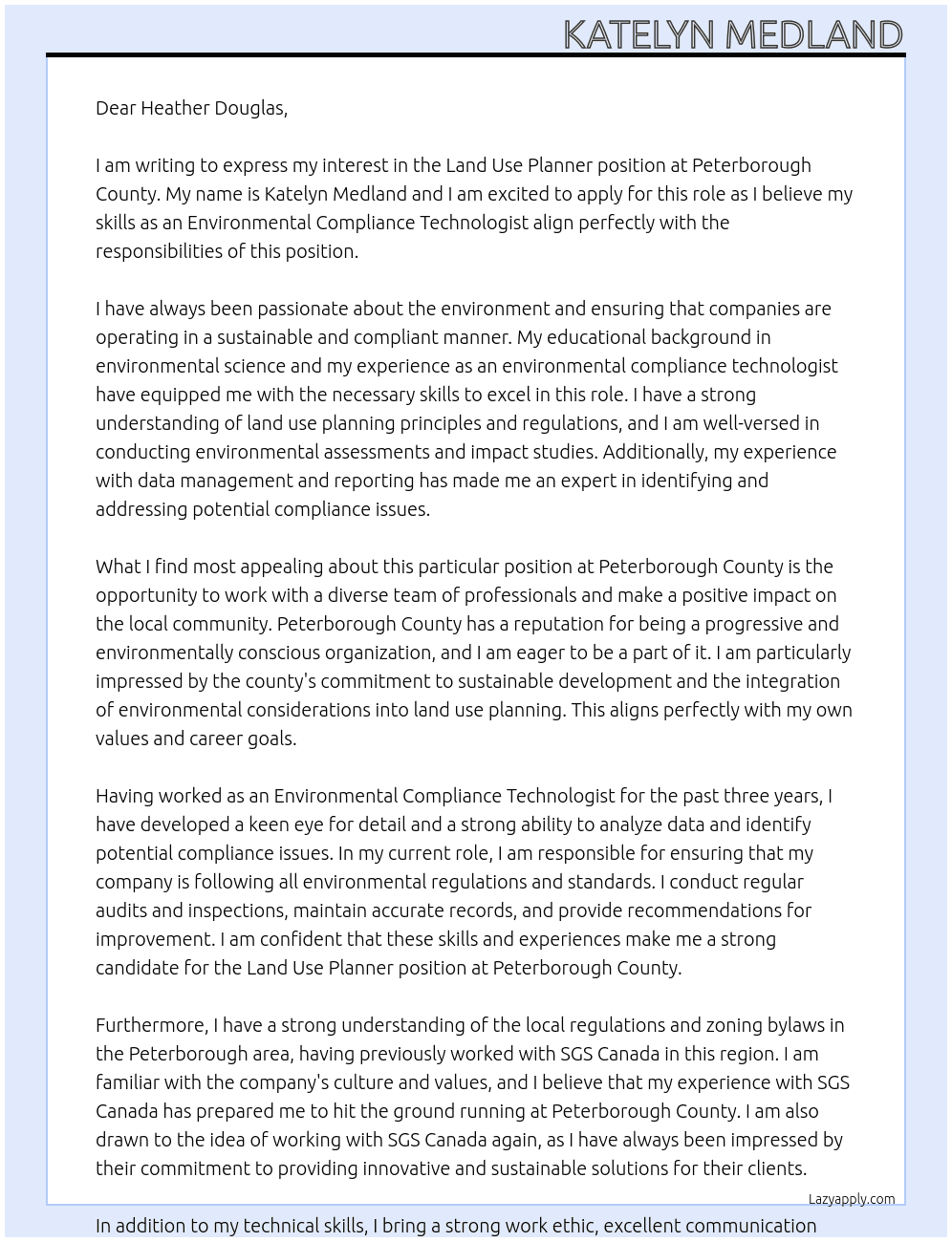 Land use planner At Peterborough county Cover Letter