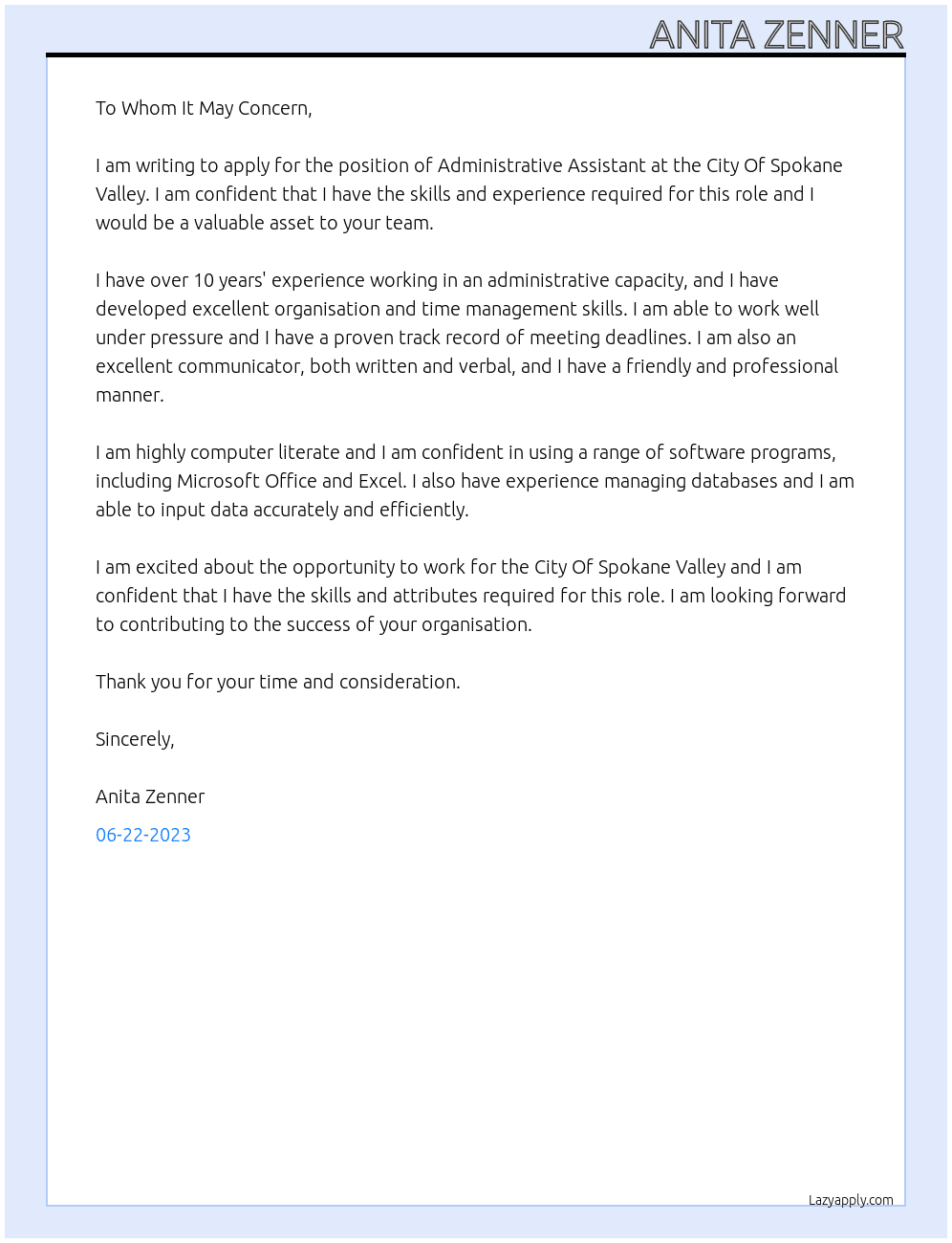 Administrative Assitant At City Of Spokane Valley Cover Letter