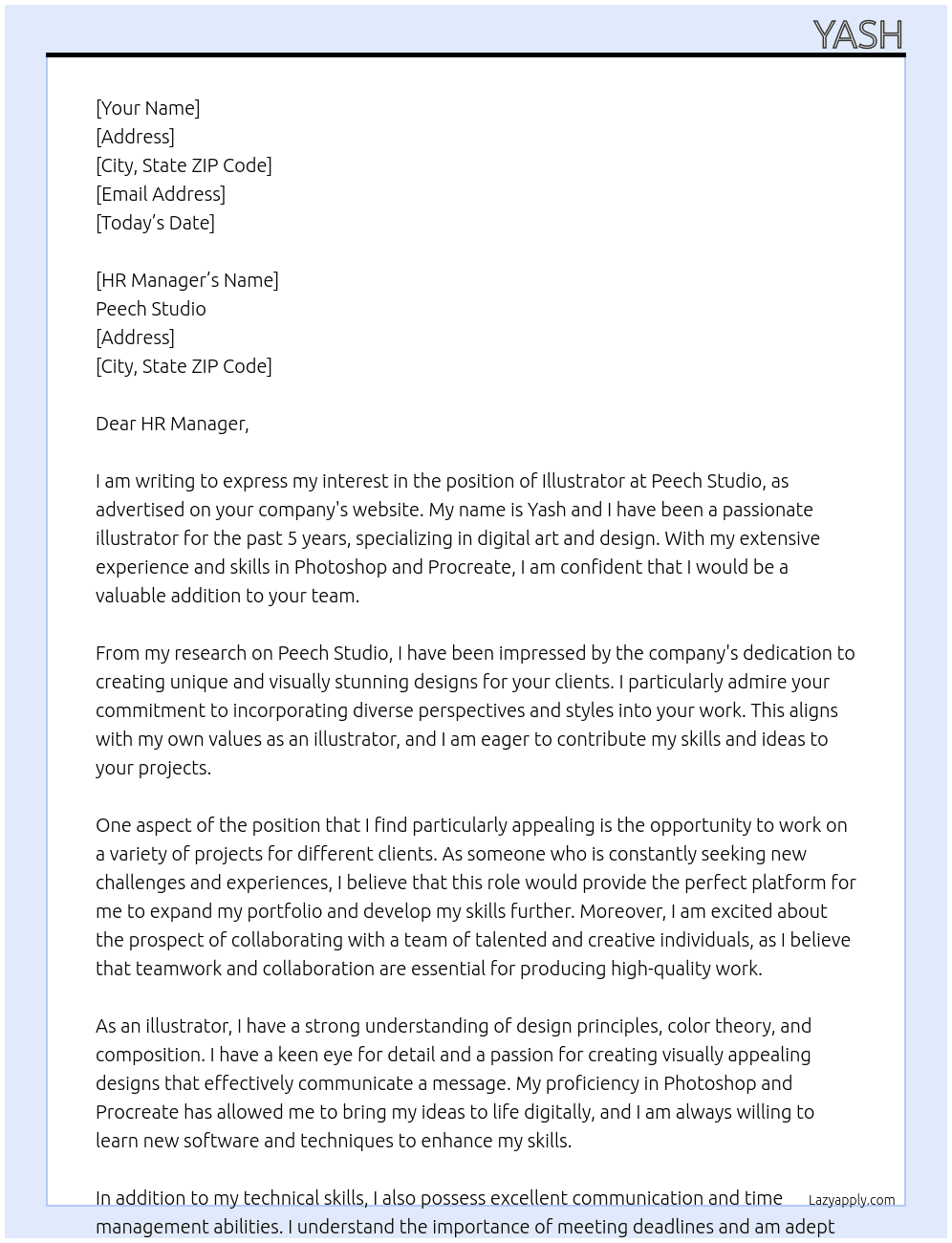 Illustrator At Peech studio Cover Letter
