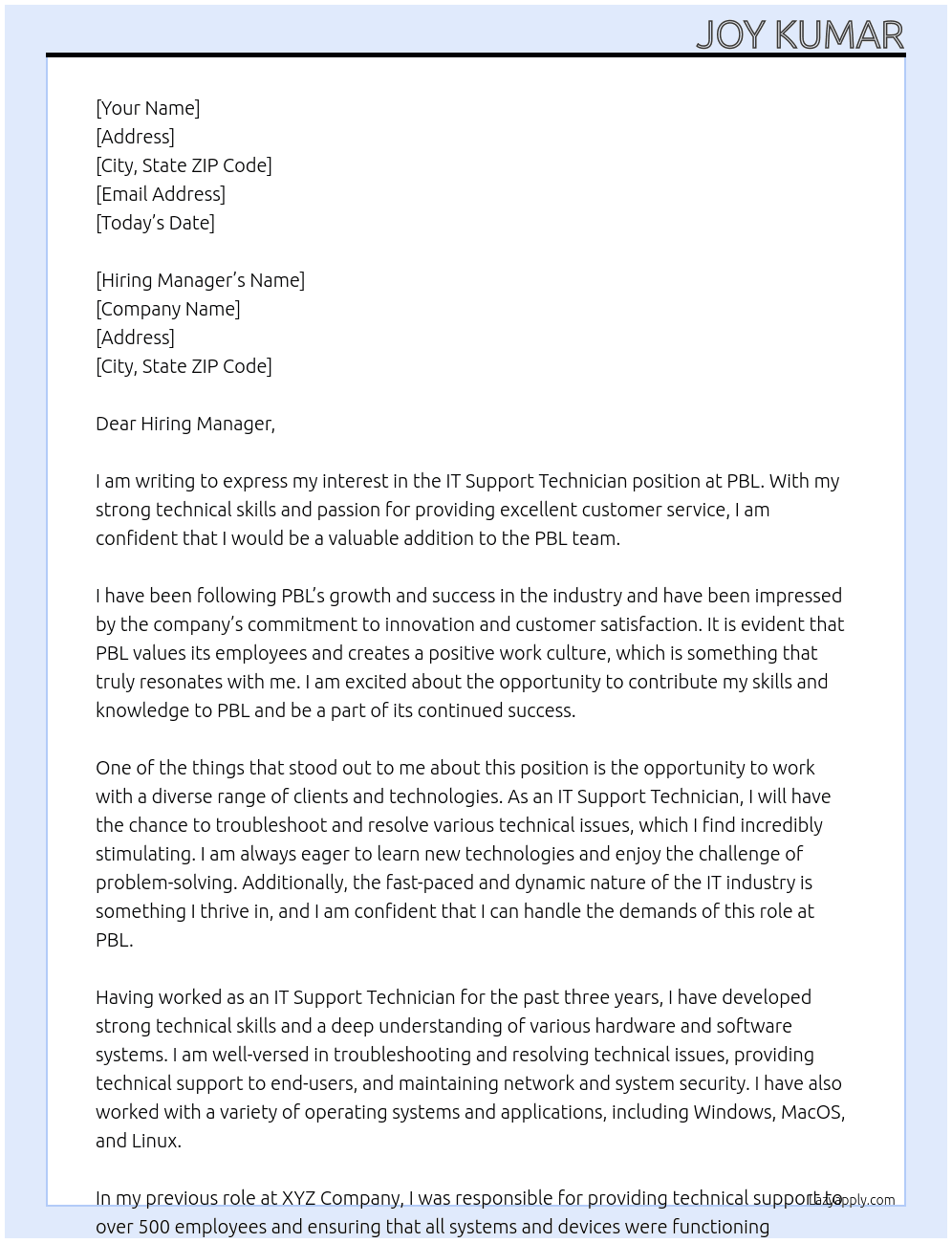IT Support Technician At PBL. Cover Letter
