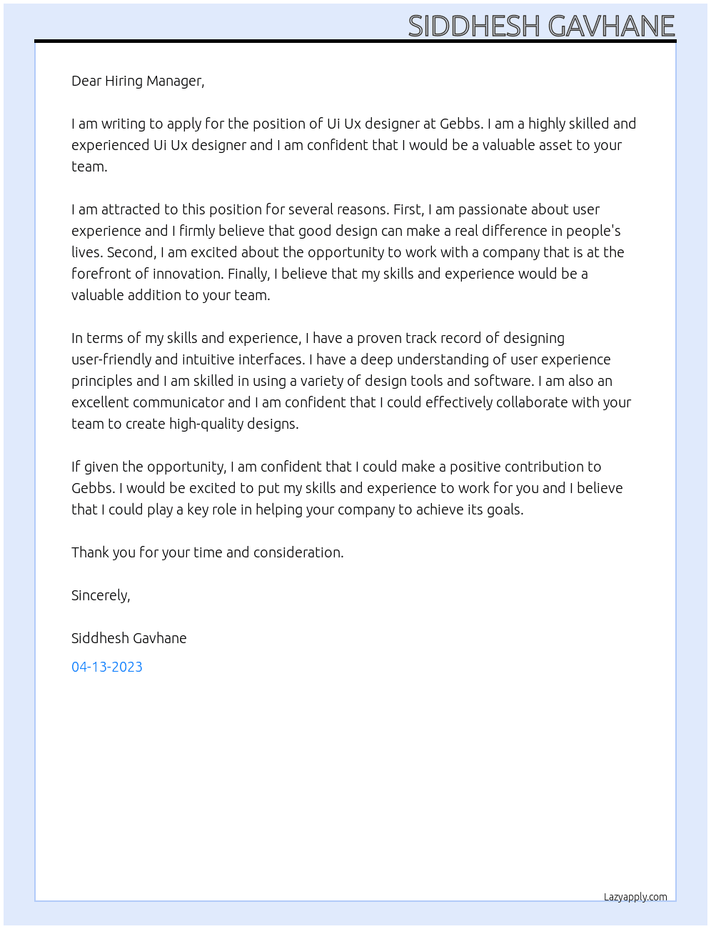 Ui Ux designer At Gebbs Cover Letter