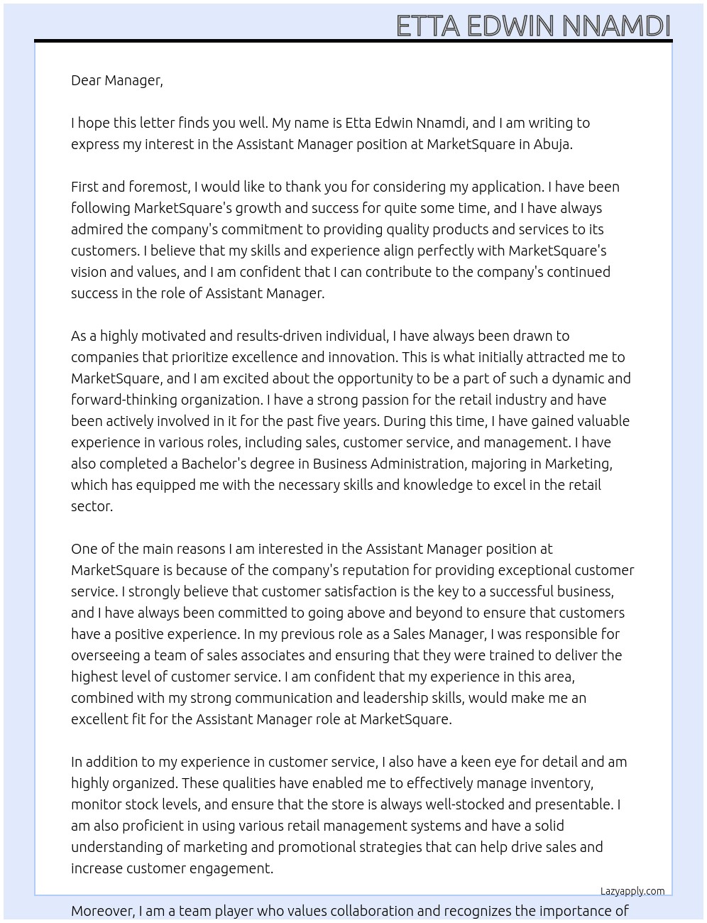 Assistant Manager At MarketSquare Cover Letter
