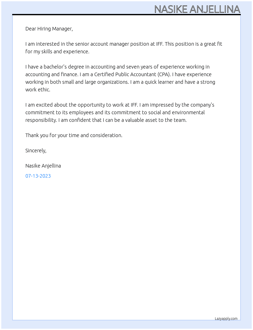 senior account manager At IFF Cover Letter