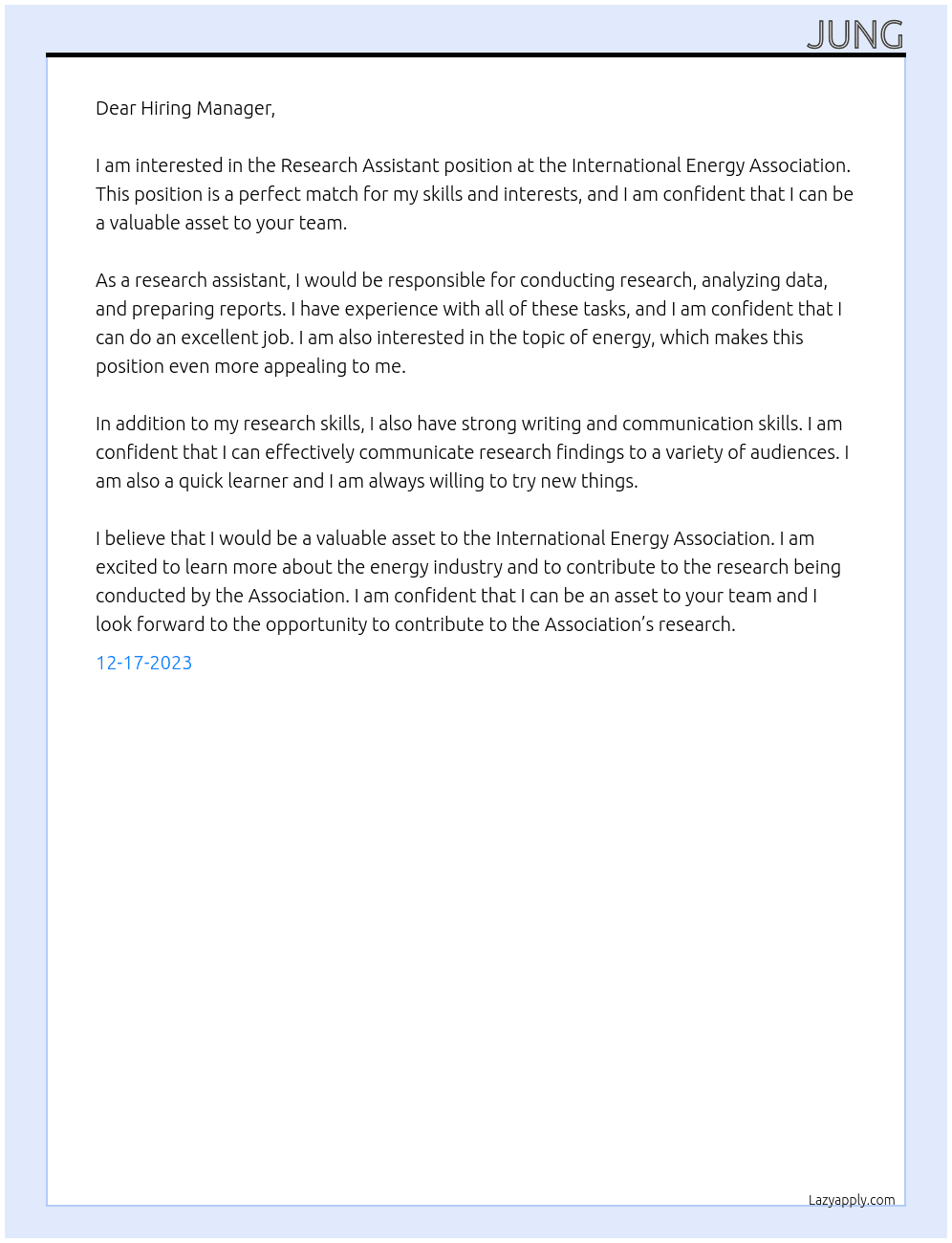 Research Assistant At International Energy Association Cover Letter