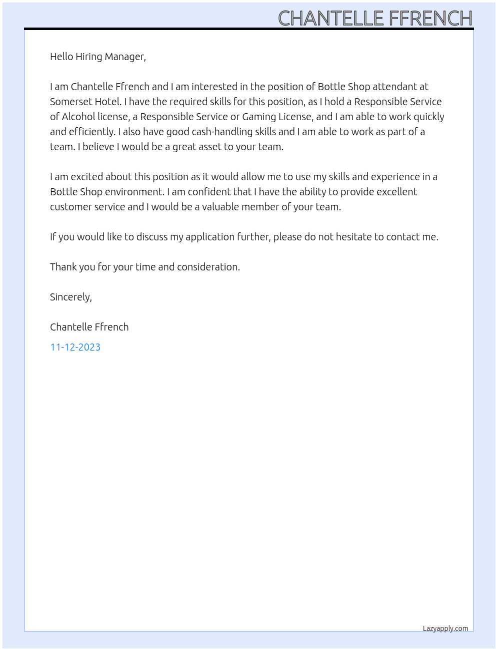 Bottle Shop attendant At Somerset Hotel Cover Letter