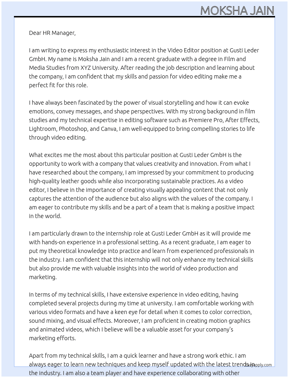 Video editor At Gusti Leder GmbH Cover Letter
