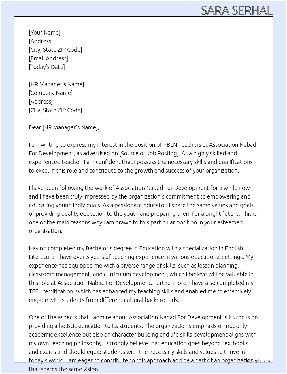 YBLN Teachers  At Association Nabad For Development Cover Letter