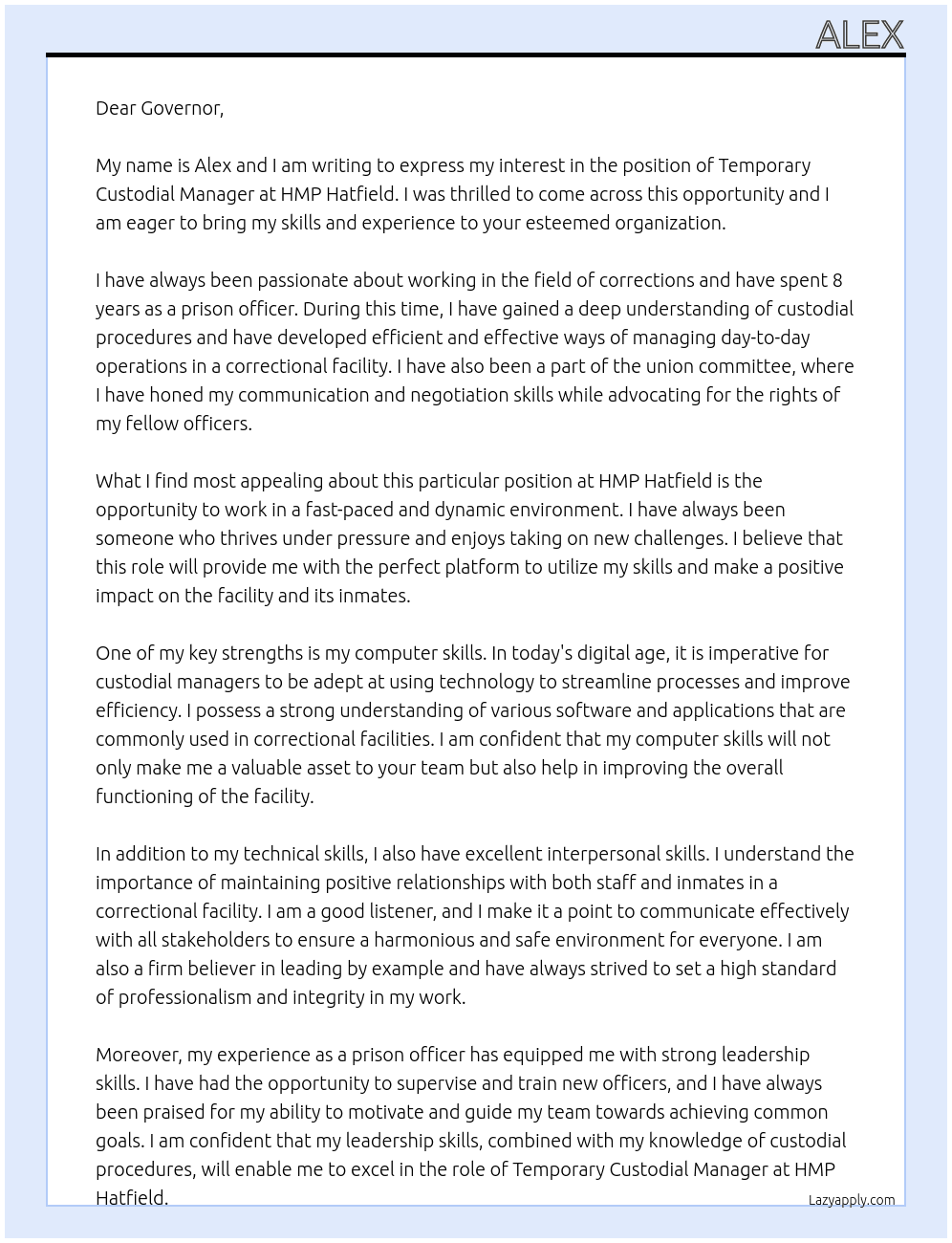 Temporary Custodial Manager At HMP Hatfield Cover Letter