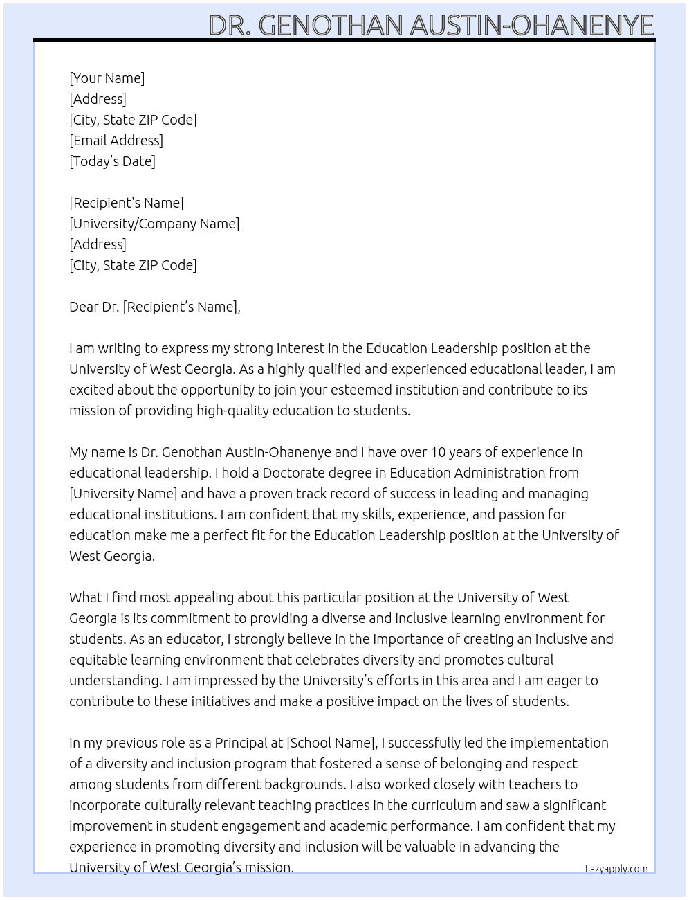 Education Leadership  At University of West Georgia Cover Letter