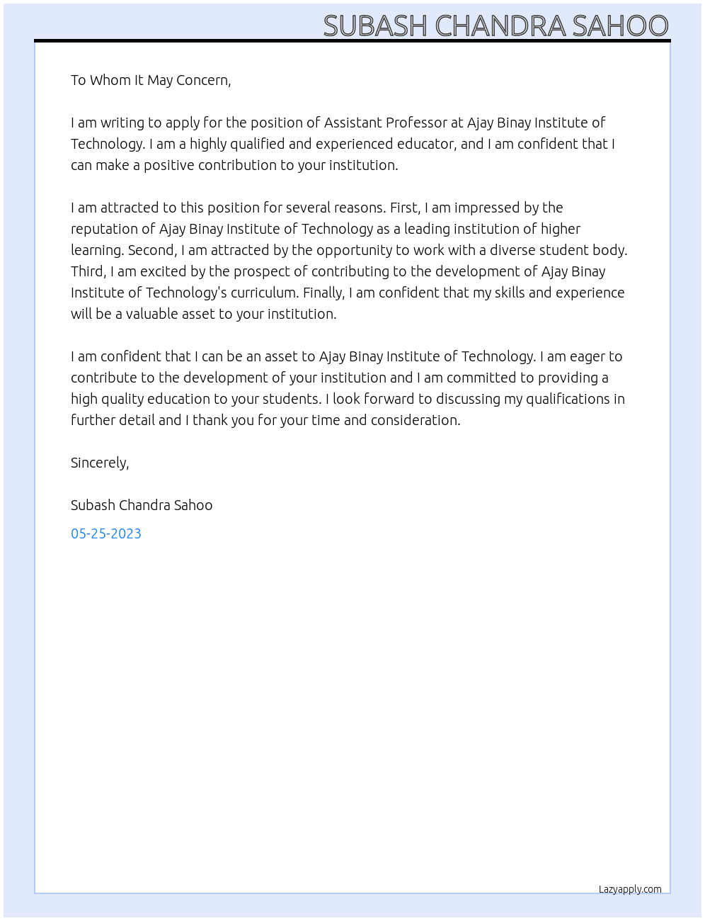 Assistant Professor At Ajay Binay Institute of Technology Cover Letter