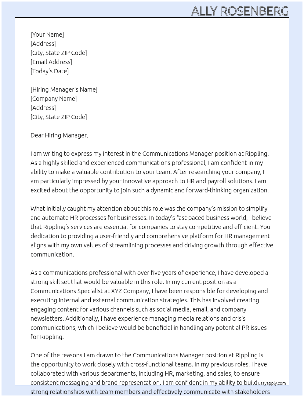 Communications Manager At Rippling Cover Letter