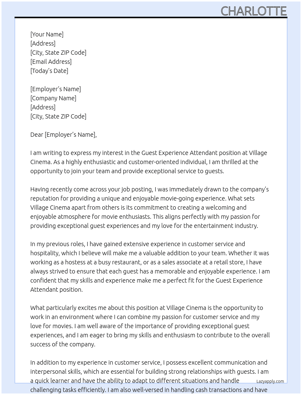 Guest Experience Attendant At Village cinema  Cover Letter
