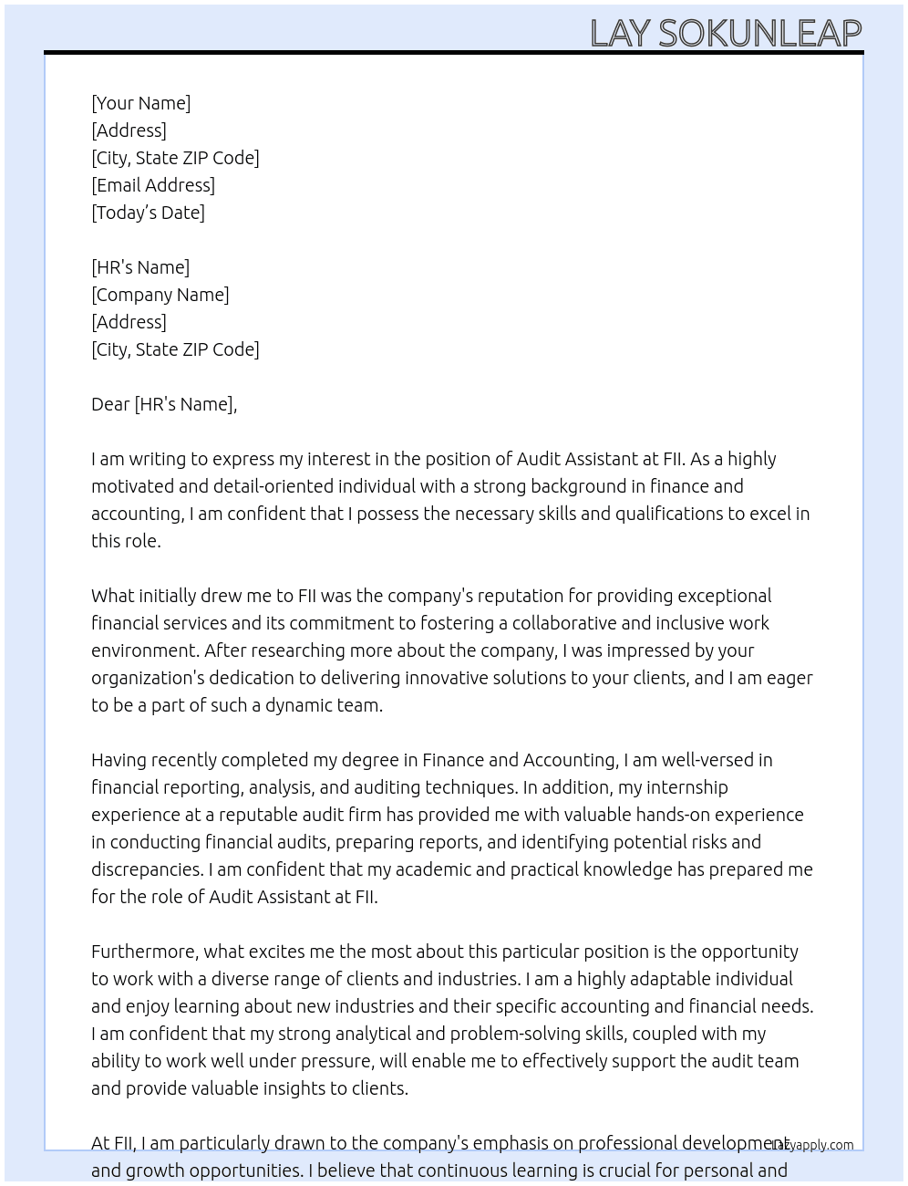 audit assistant At fii Cover Letter