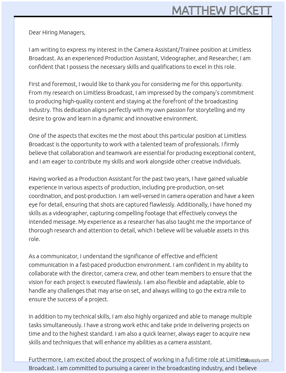 Camera Assistant/Trainee At Limitless Broadcast Cover Letter