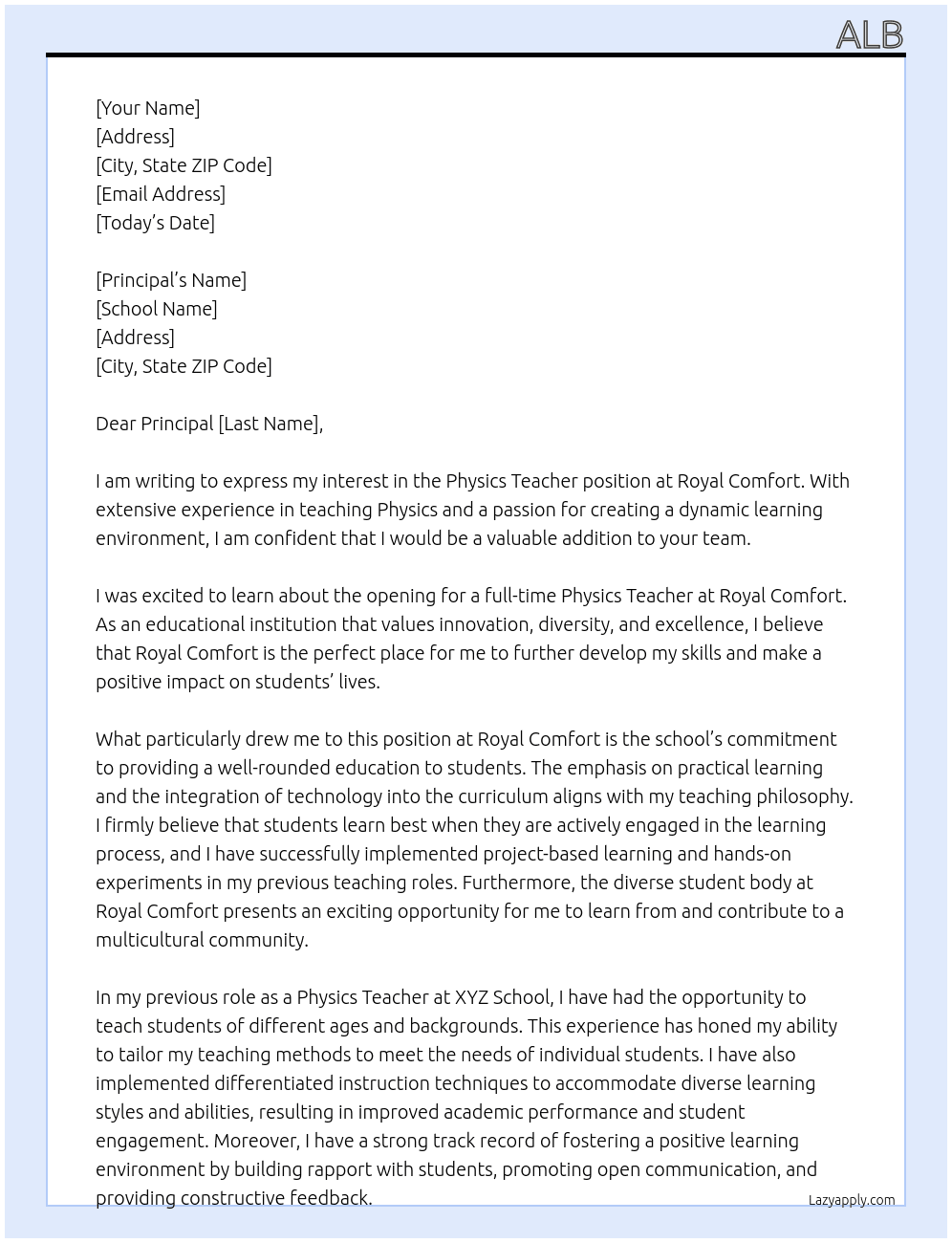 physics teacher At Royal comfort Cover Letter