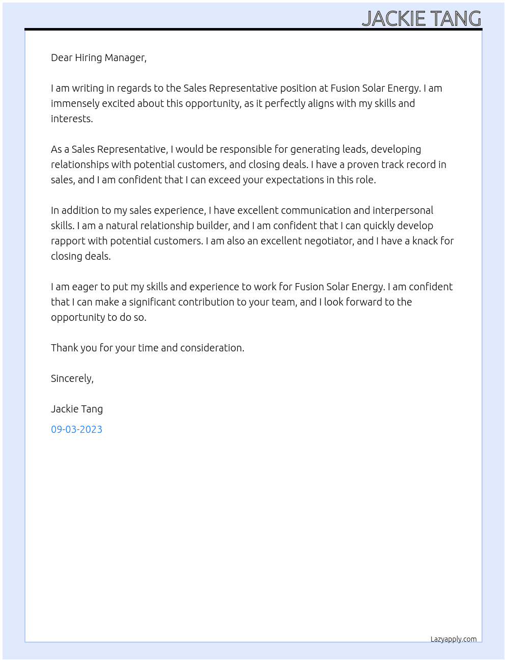 Sales Representative At Fusion Solar Energy Cover Letter