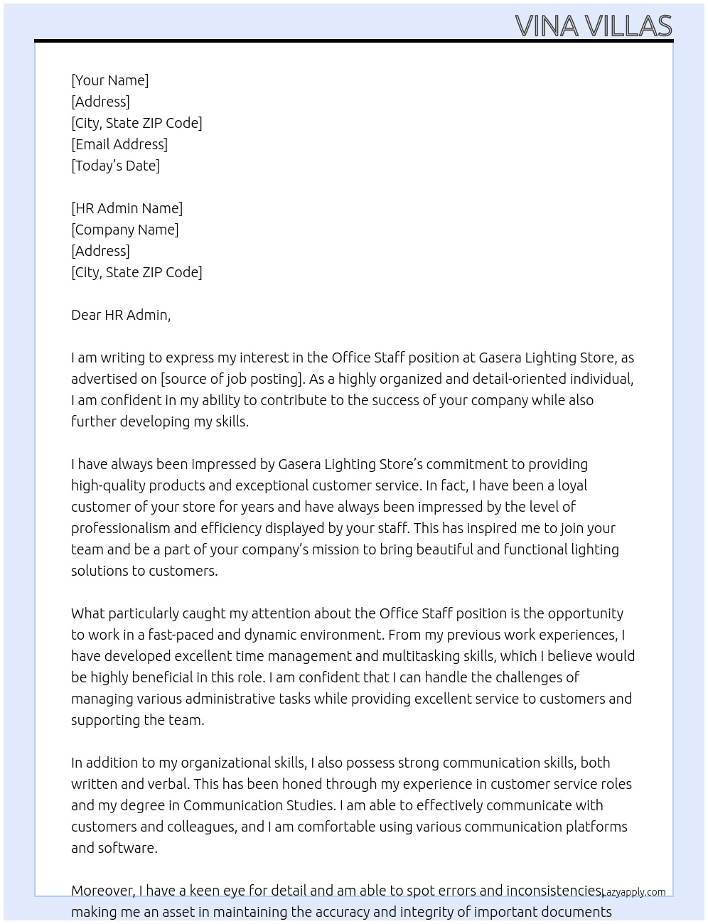 Office Staff At Gasera Lighting Store Cover Letter