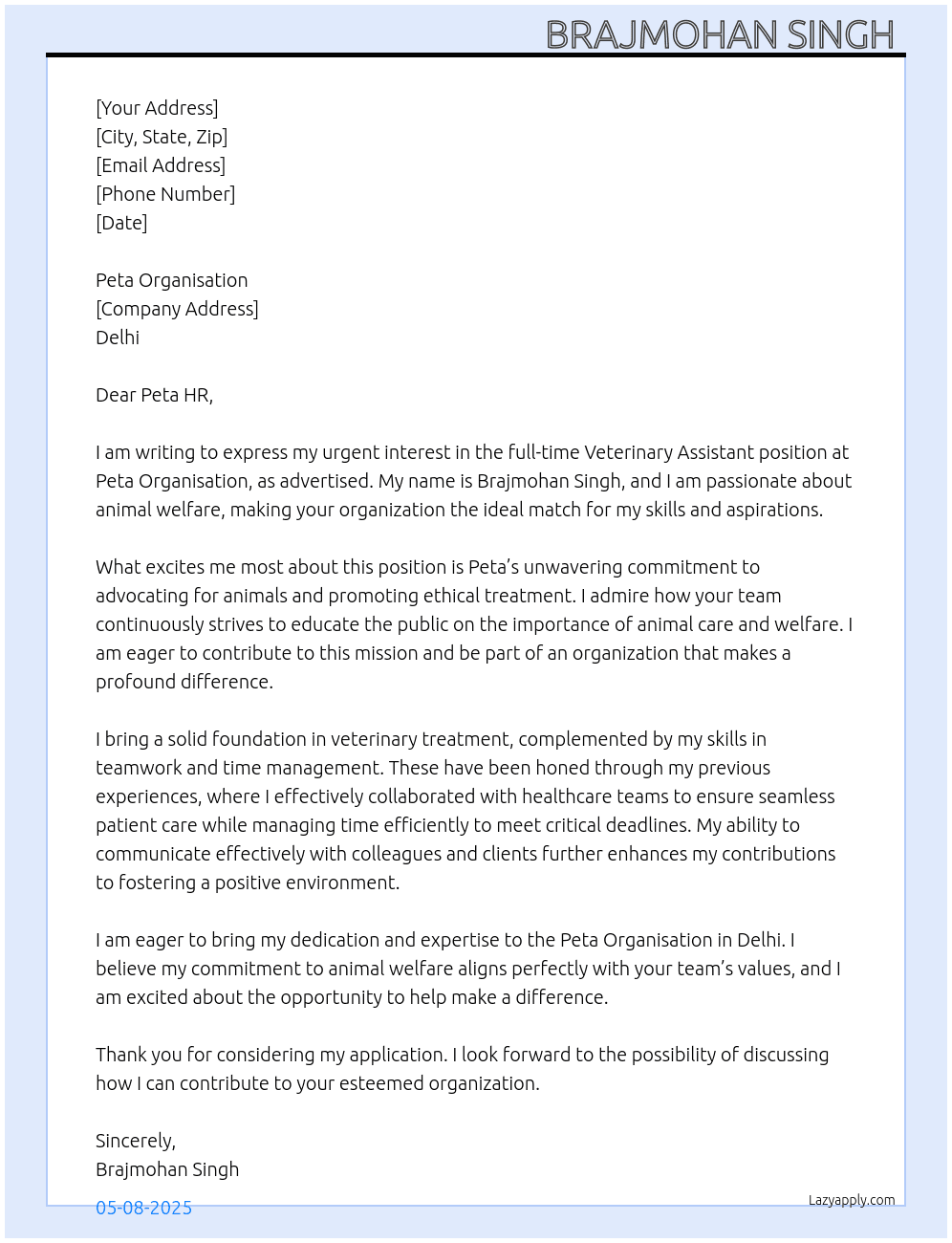 Veterinary assistant  At Peta organisation  Cover Letter