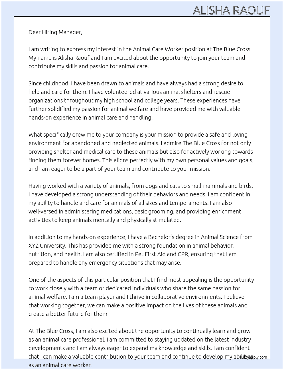 animal care worker At The blue cross Cover Letter