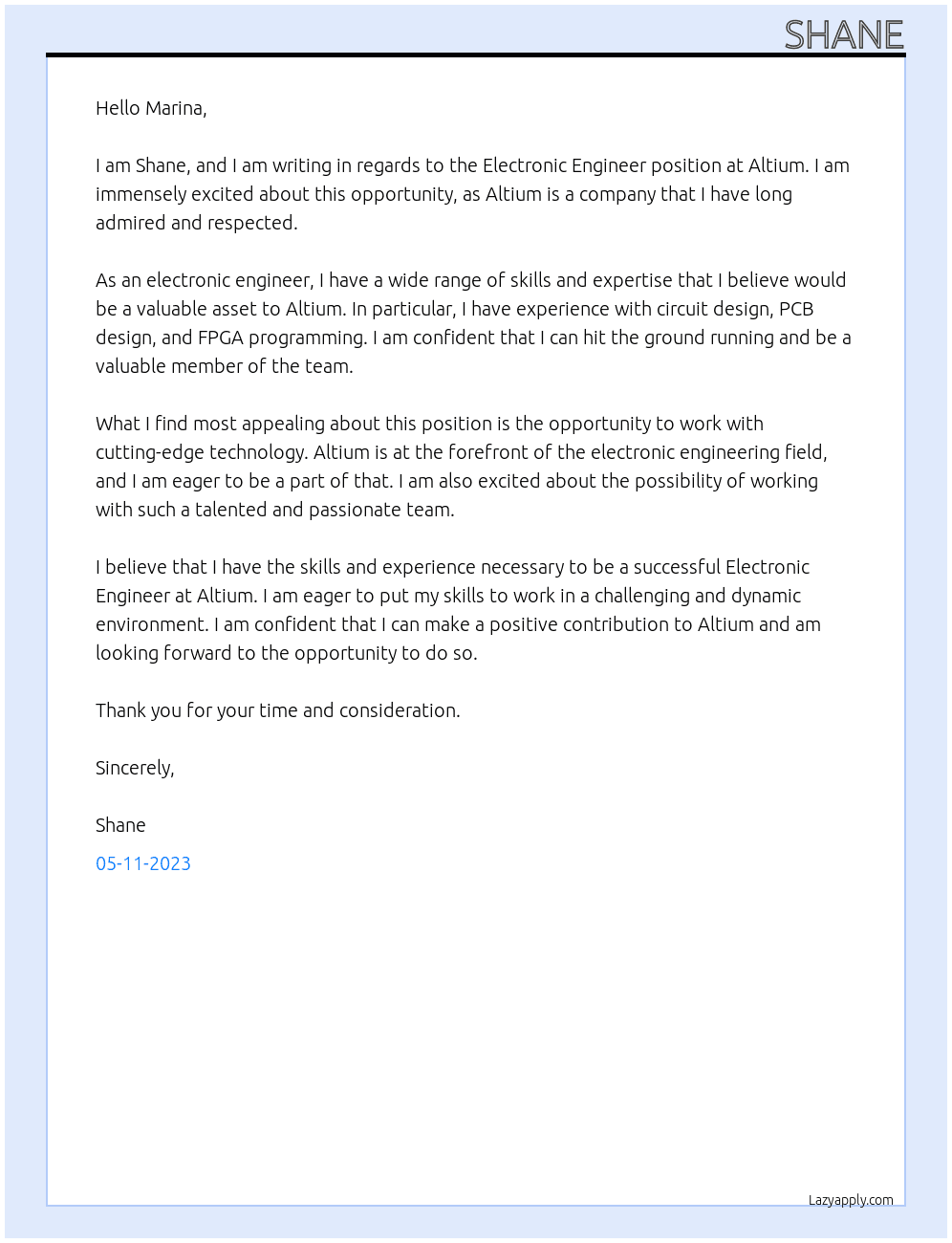 Electronic Engineer At Altium Cover Letter